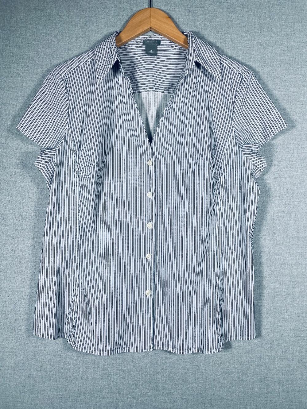 Ann Taylor Button Down Blouse Navy White Stripe Cap Sleeve Coastal Preppy